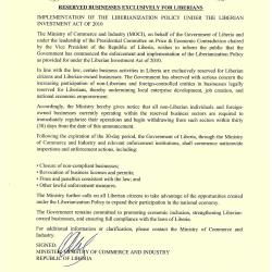 RESERVED BUSINESSES EXCLUSIVELY FOR LIBERIANS