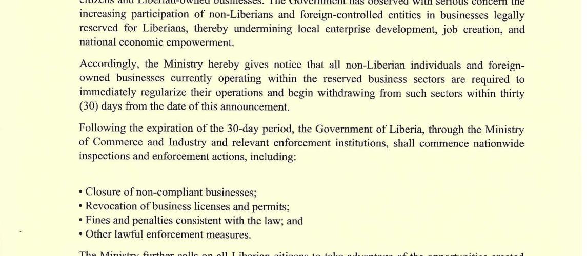 RESERVED BUSINESSES EXCLUSIVELY FOR LIBERIANS