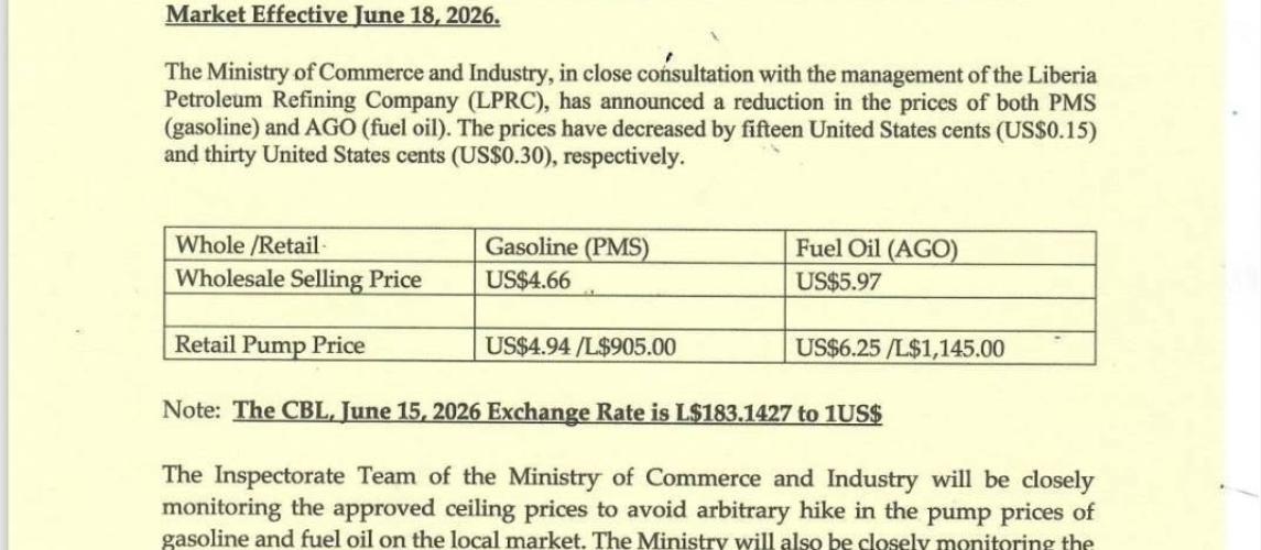 New Price Ceiling for Petroleum Products (gasoline and fuel oil) on the Liberian Market Effective June 18, 2026.