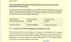New Price Ceiling for Petroleum Products (gasoline and fuel oil) on the Liberian Market Effective June 18, 2026.