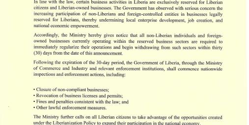 RESERVED BUSINESSES EXCLUSIVELY FOR LIBERIANS