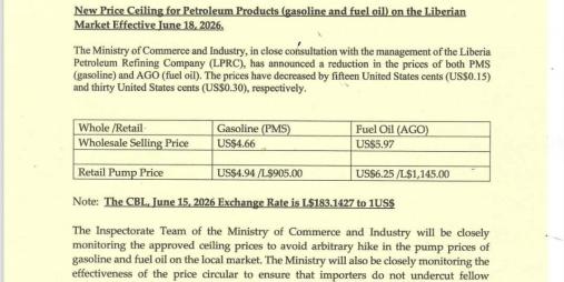 New Price Ceiling for Petroleum Products (gasoline and fuel oil) on the Liberian Market Effective June 18, 2026.