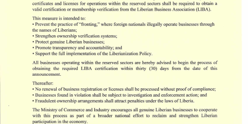 LIBA CERTIFICATION REOUIREMENT FOR RESERVED SECTORS